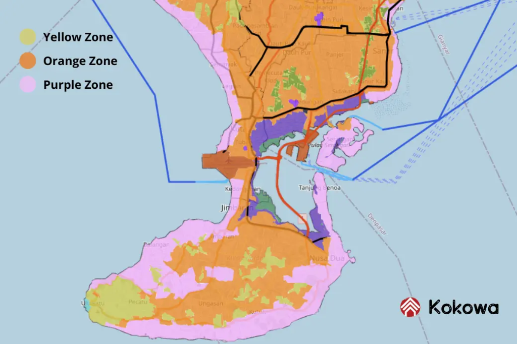 Ilustrační mapa územního plánování Bali se žlutou, fialovou a zelenou zónou